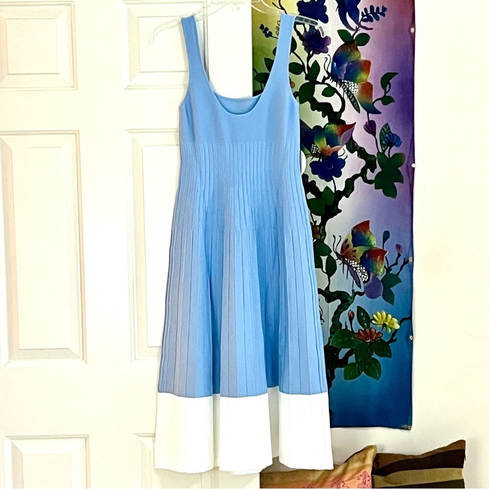 🌺🎉HP🎉🌺 NWT Staud Ellison Pleated Midi Dress Blue White 🌟Rare🌟 - Picture 13 of 15